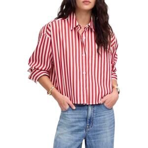 Madewell Women's Red and White Poplin Straight Hem Casual Button Up Shirt XS